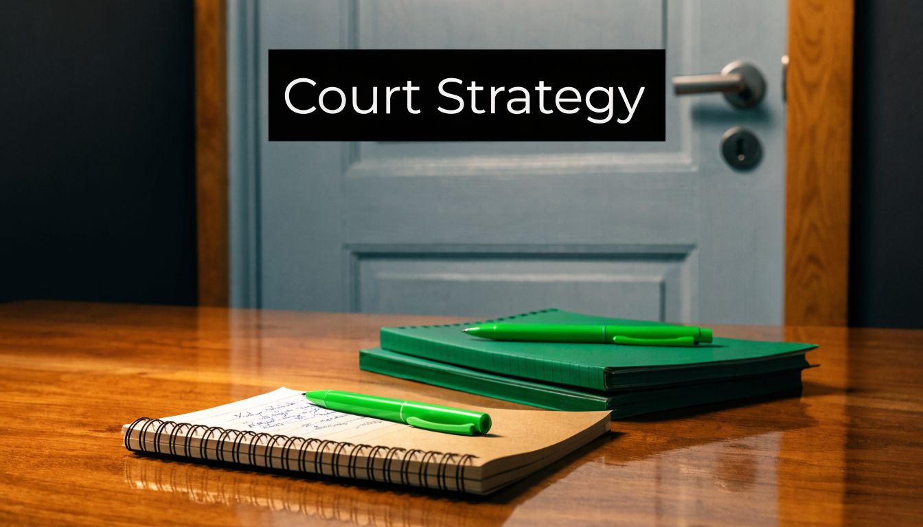 A wooden desk featuring two green notebooks, two green pens, and a sign reading Court Strategy.