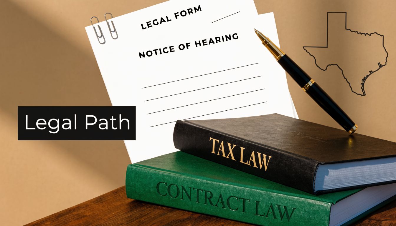 A legal form for a hearing notice placed next to books on tax and contract law.