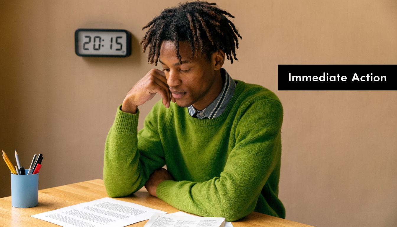 A young man with dreadlocks wears a green sweater and reads documents at his desk.