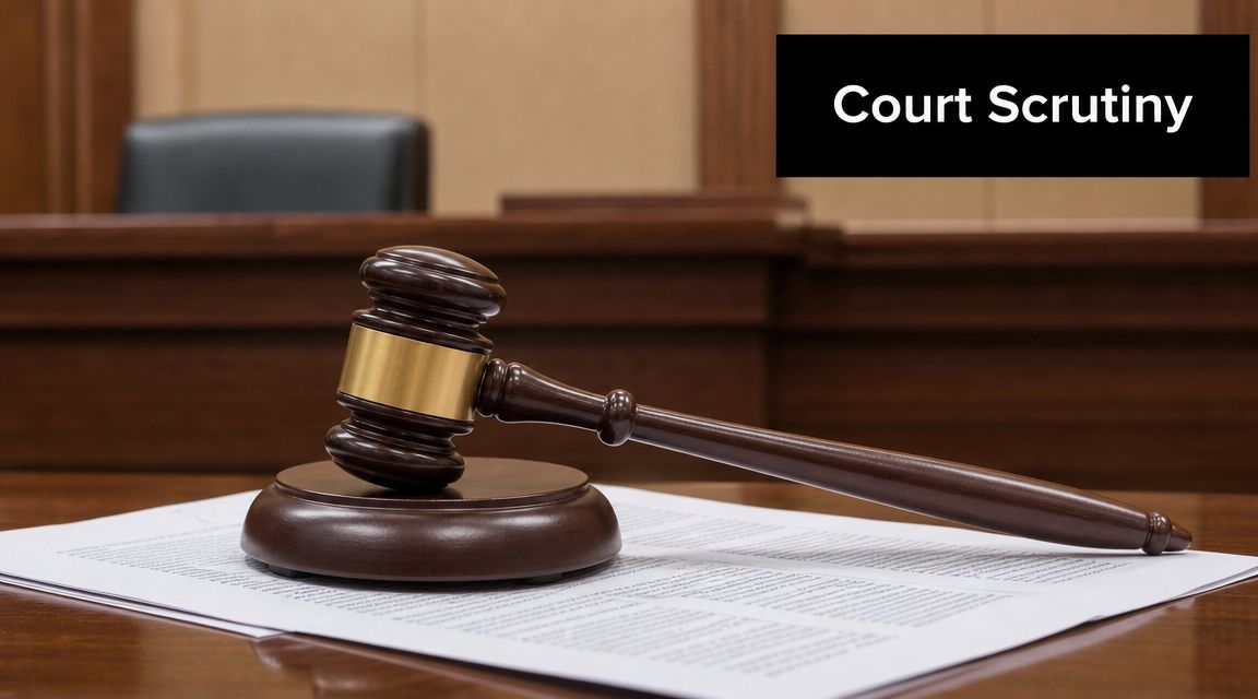 A wooden gavel resting on legal documents in a courtroom setting, symbolizing the judicial system and legal scrutiny.