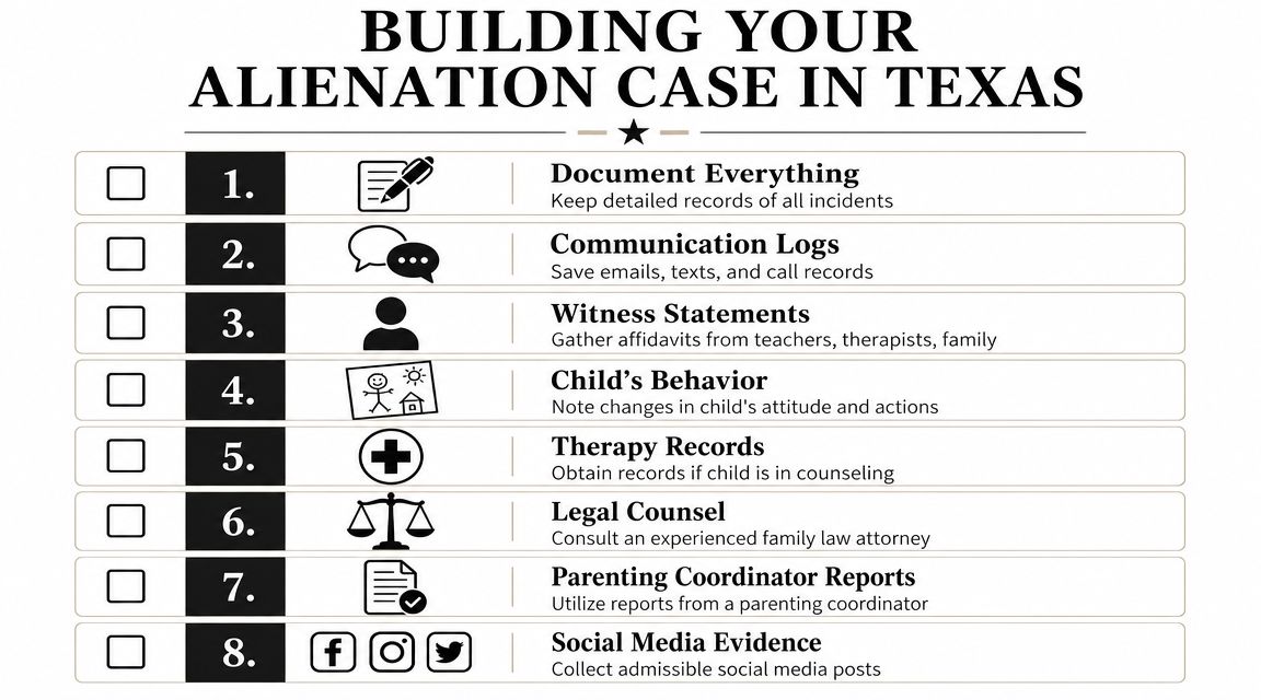 A checklist for building a parental alienation legal case in Texas, detailing eight key evidence steps.