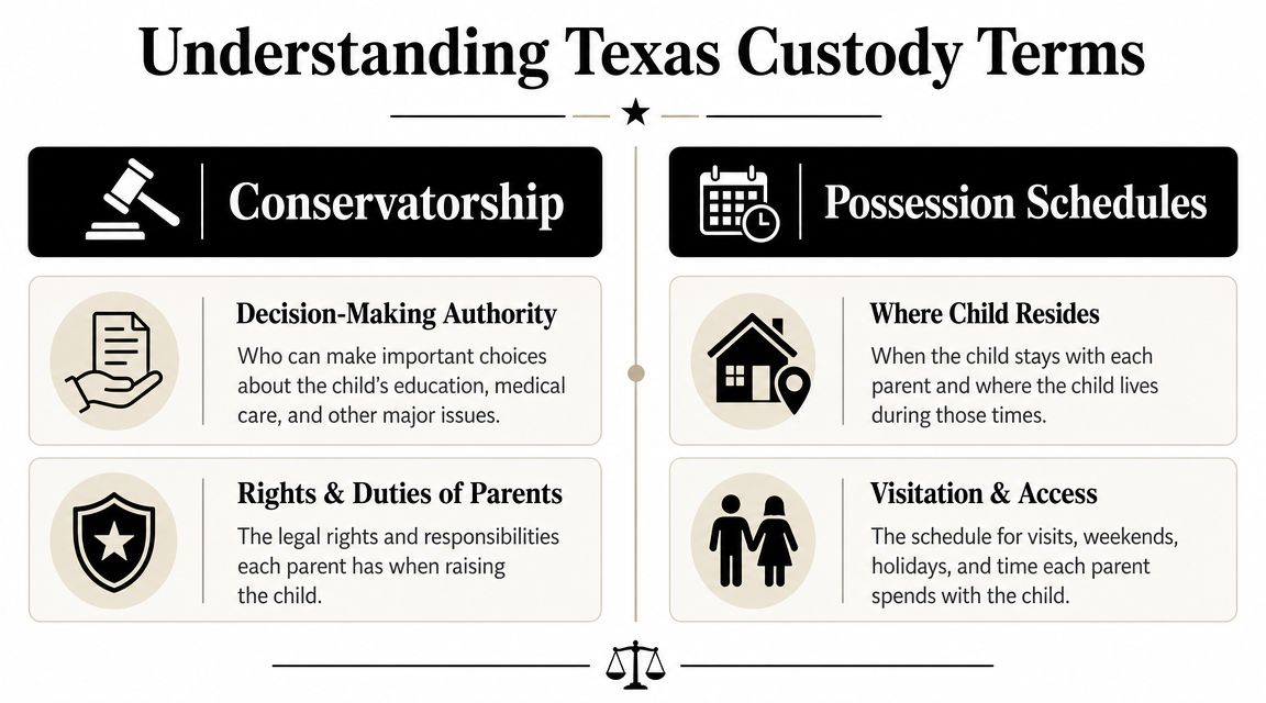 An infographic explaining Texas custody terms including conservatorship, decision-making authority, possession schedules, and visitation access rights.