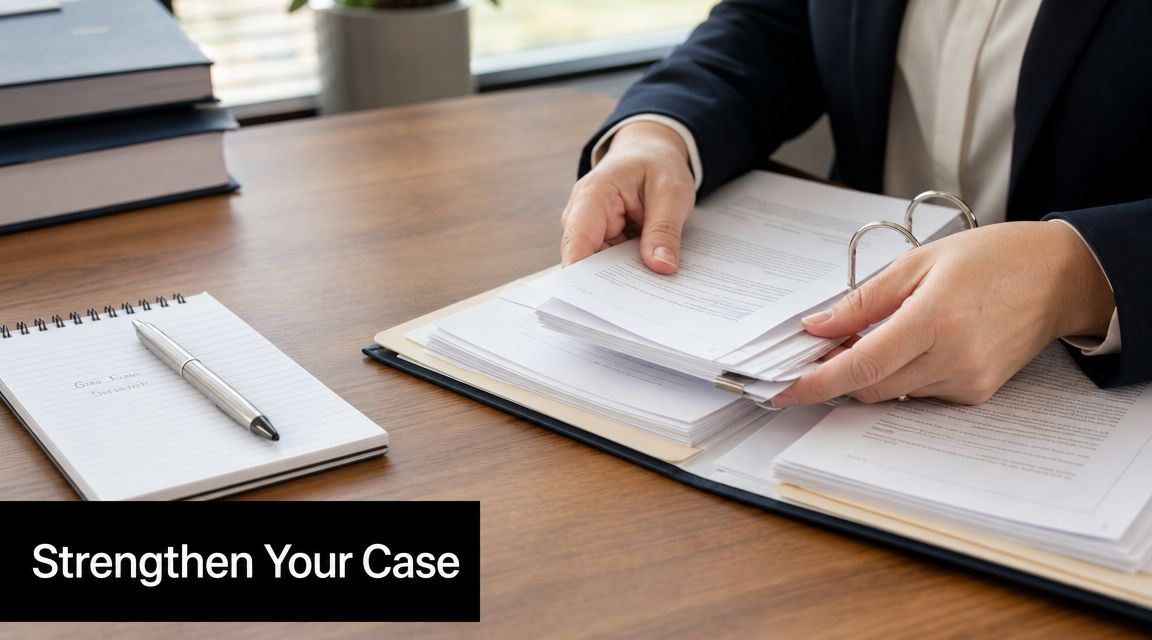 A professional lawyer reviewing legal documents in a binder while preparing for a court case.