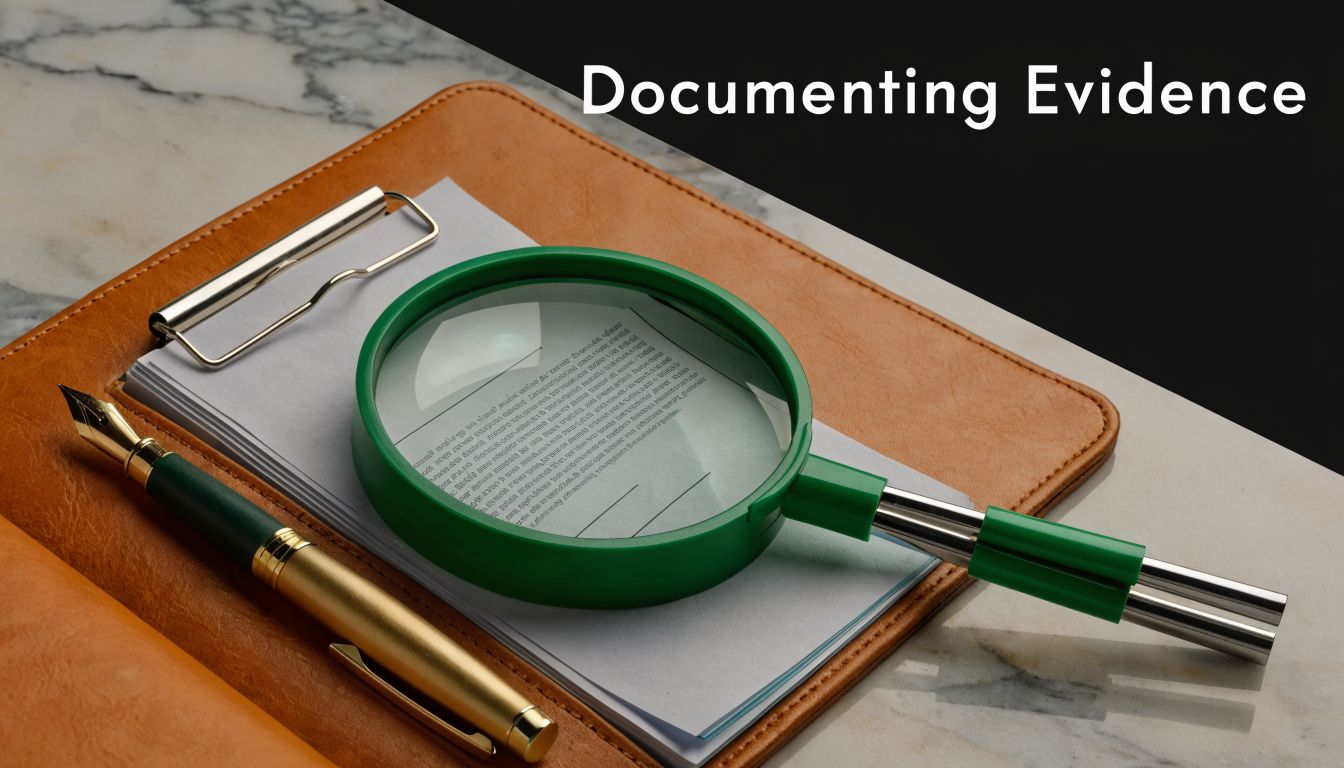 A magnifying glass resting on a document with a fountain pen on a professional leather clipboard.