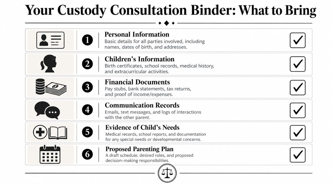 A checklist showing six essential categories of documents to prepare for a child custody legal consultation.