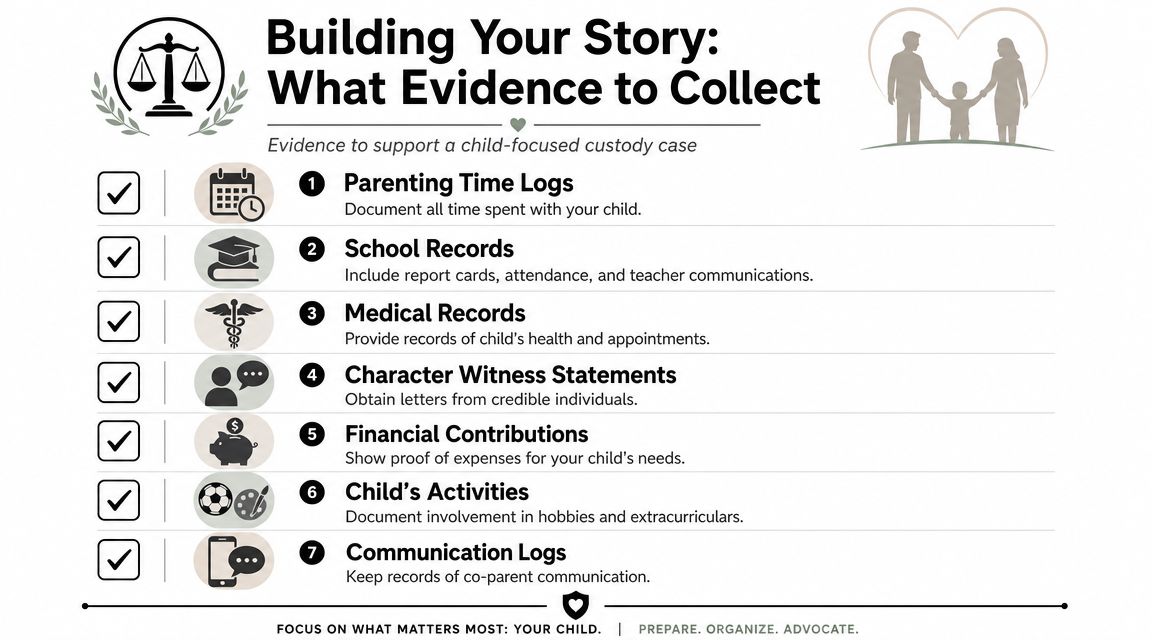 An infographic detailing seven types of evidence to collect for a child-focused custody case.