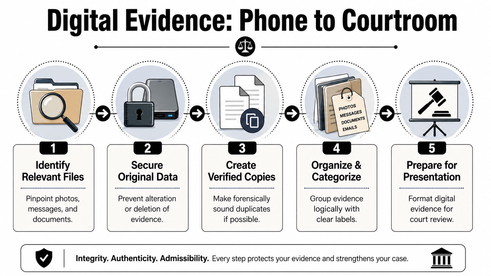 A flowchart showing the five-step process of handling digital evidence from mobile phones for legal proceedings.