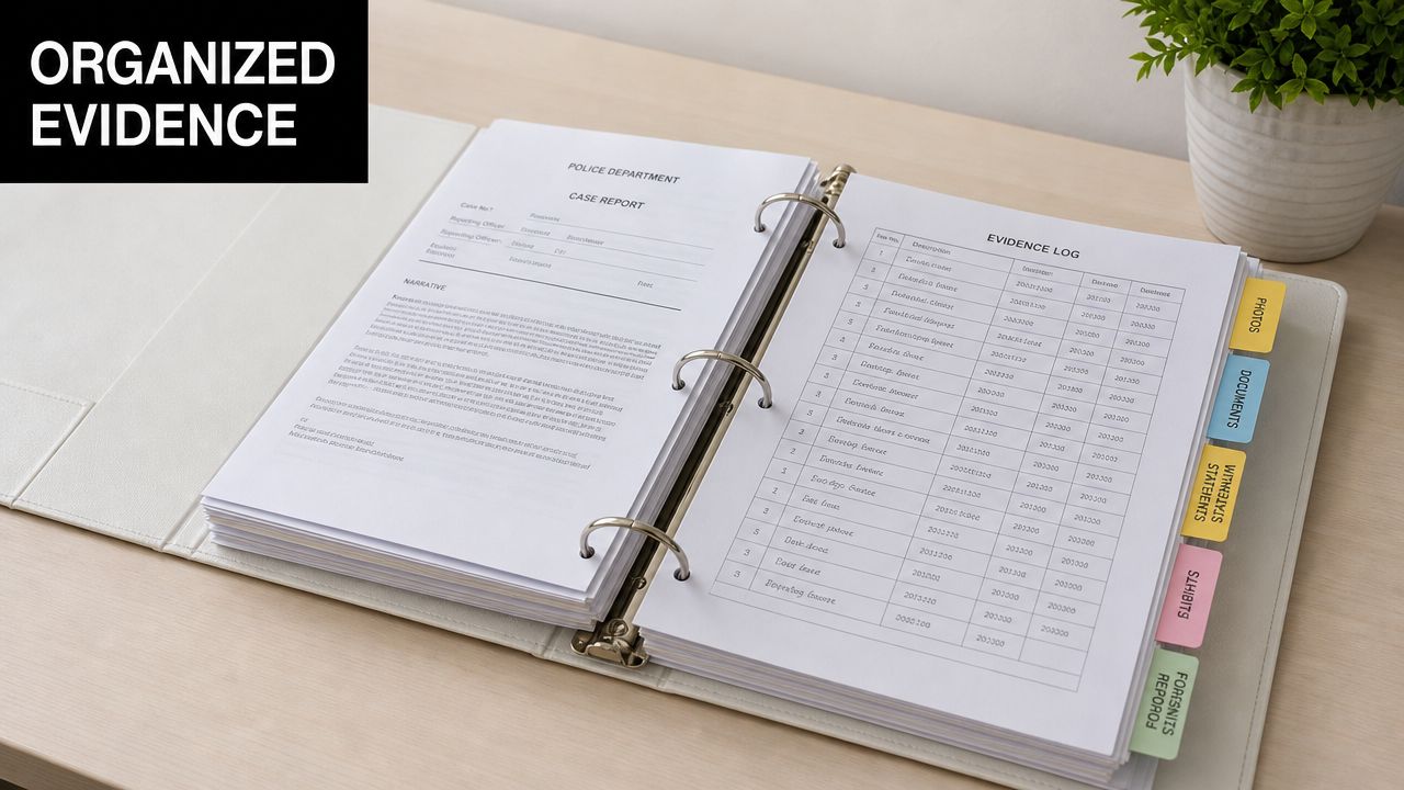 An open white binder on a desk containing a police case report and an organized evidence log.