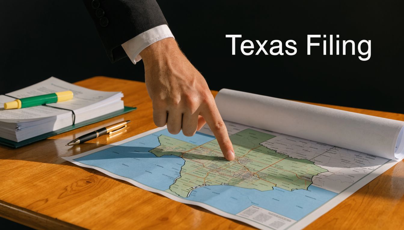 A professional in a suit pointing at a detailed map of Texas on a wooden desk.