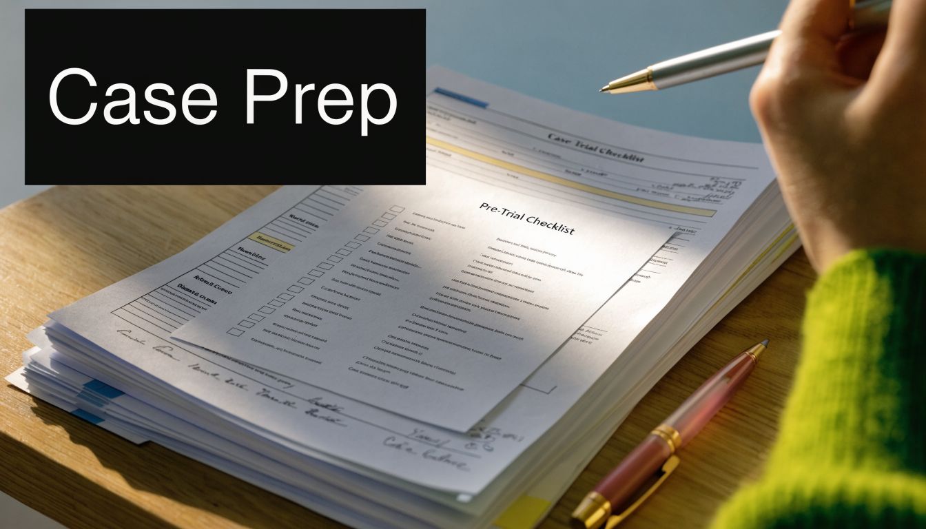 A professional legal checklist for case preparation lying on a desk with a pen and hand.