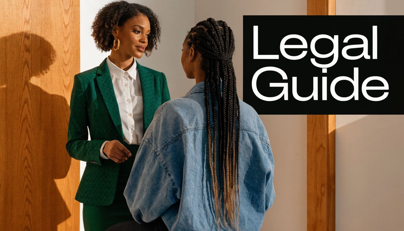 A professional lawyer in a green suit speaks to a client about legal matters in an office.
