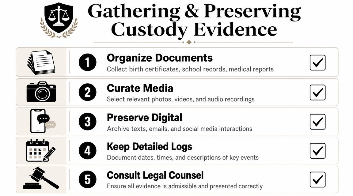 A checklist infographic titled Gathering and Preserving Custody Evidence, highlighting steps for legal document preparation.