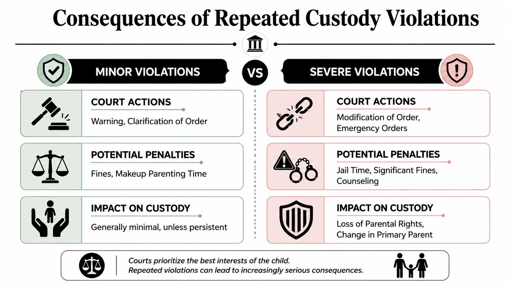 An infographic detailing the varying legal consequences for minor versus severe repeated custody order violations.