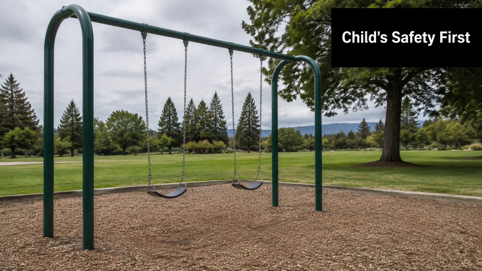 An empty swing set on a playground surrounded by grass and trees under a cloudy sky.