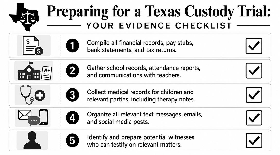 A checklist for preparing for a Texas custody trial, listing five essential types of evidence to gather.
