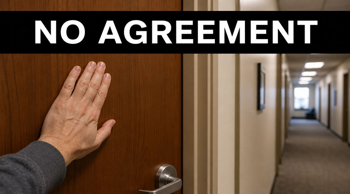 A hand touching a wooden door in an office corridor with the text NO AGREEMENT overlaid.