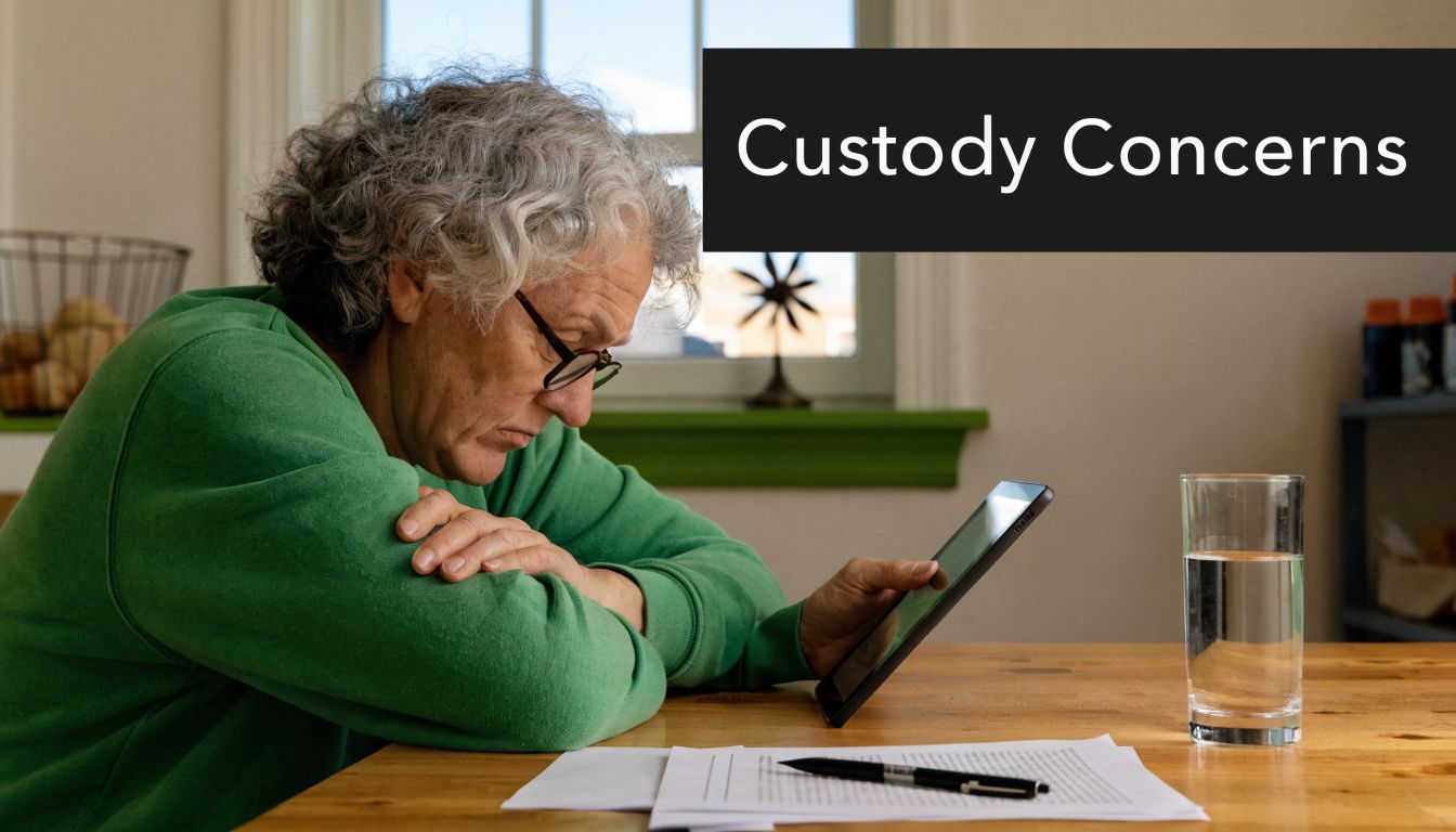 A concerned elderly person sitting at a wooden table reviewing legal documents and using a tablet device.
