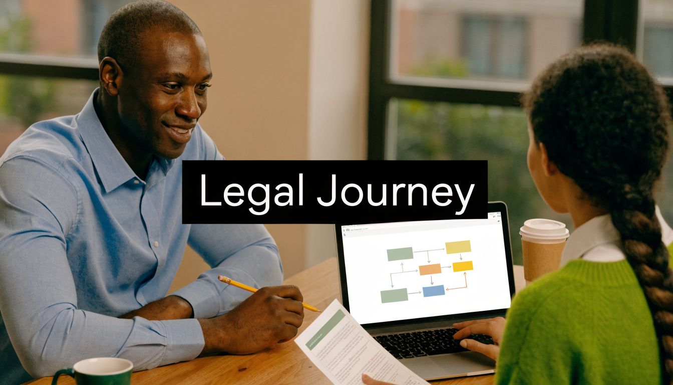A professional man and woman collaborating on a legal case study while working on a laptop computer.