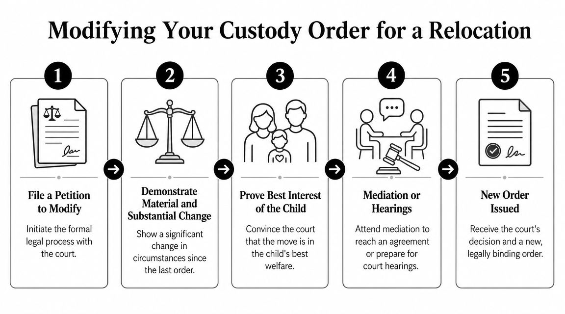 A five-step infographic showing the legal process for modifying a child custody order for relocation.