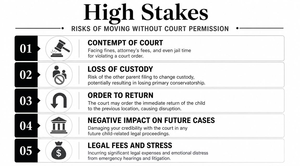 An infographic listing five high-stakes risks of moving with a child without obtaining court permission.