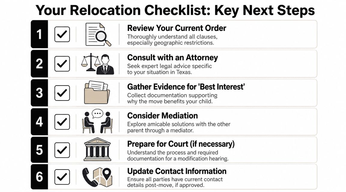A six-step checklist for child custody relocation in Texas, outlining key legal and planning considerations.