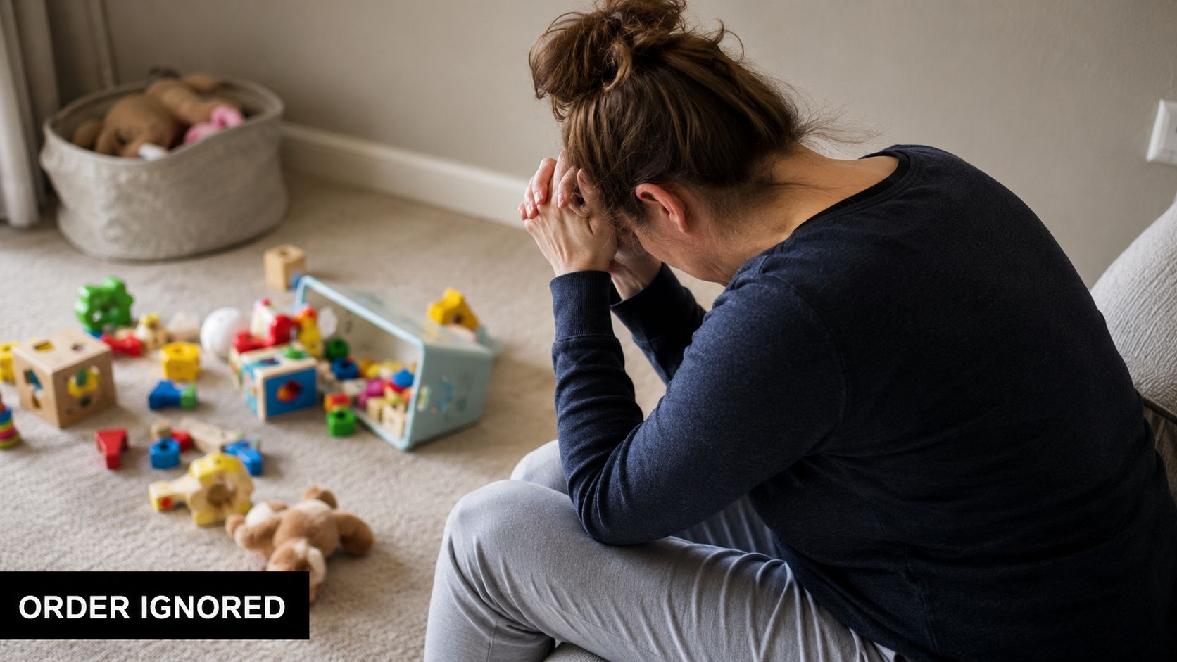 A woman sitting on the floor with her head in her hands, overwhelmed by scattered children's toys.