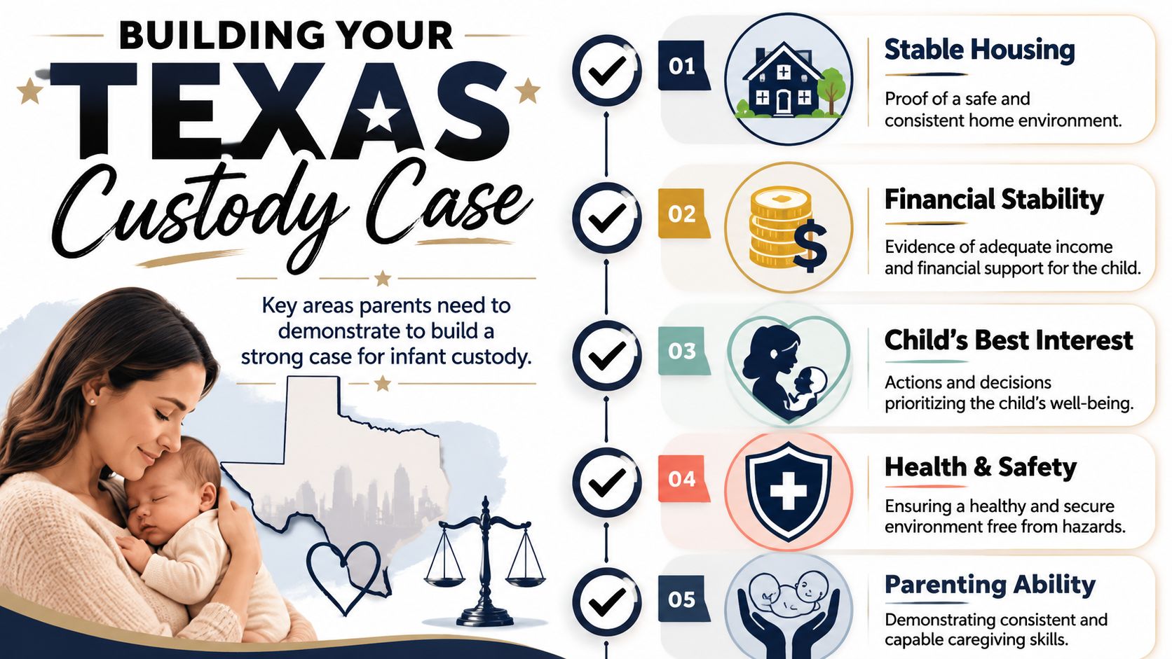 An infographic detailing five key steps to build a strong infant custody case in Texas.