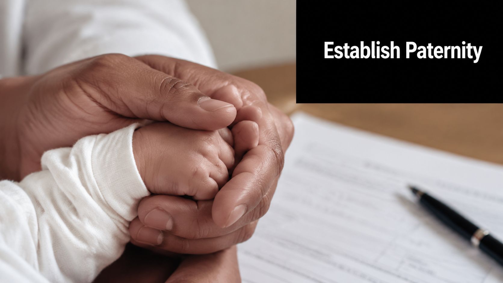 A close-up of adult hands holding a newborn baby's hand over legal paternity establishment documents.