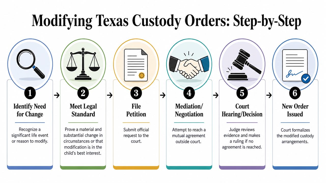 A six-step infographic detailing the legal process for modifying child custody orders in Texas.
