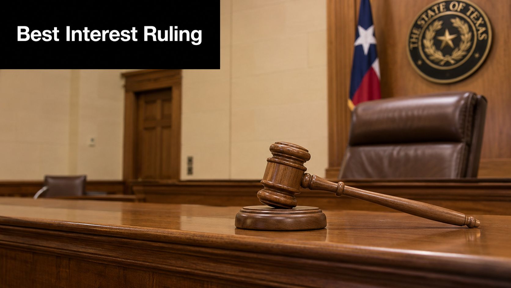 A wooden gavel resting on a courtroom desk with the Texas state seal in the background.