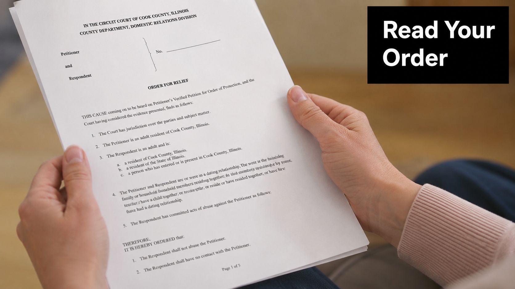 A person holding a legal document titled Order for Relief from a Cook County domestic relations court.