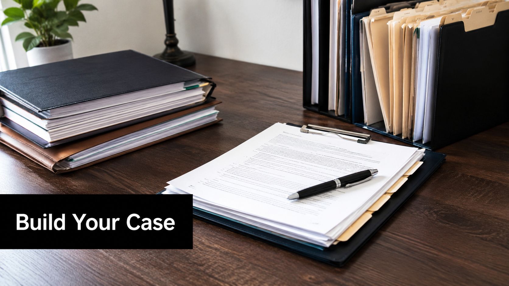 A professional wooden desk setup with legal documents, folders, a clipboard, and a pen for case building.