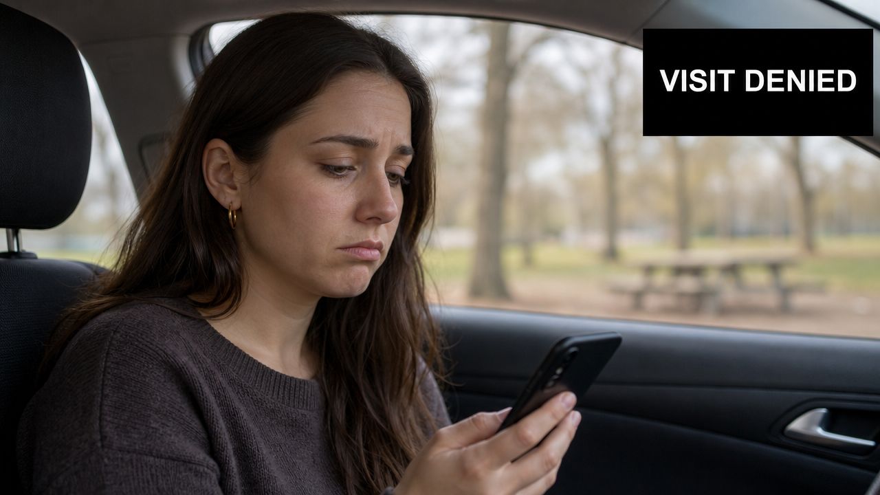 A sad woman sitting inside a car looking at her mobile phone with a visit denied message.