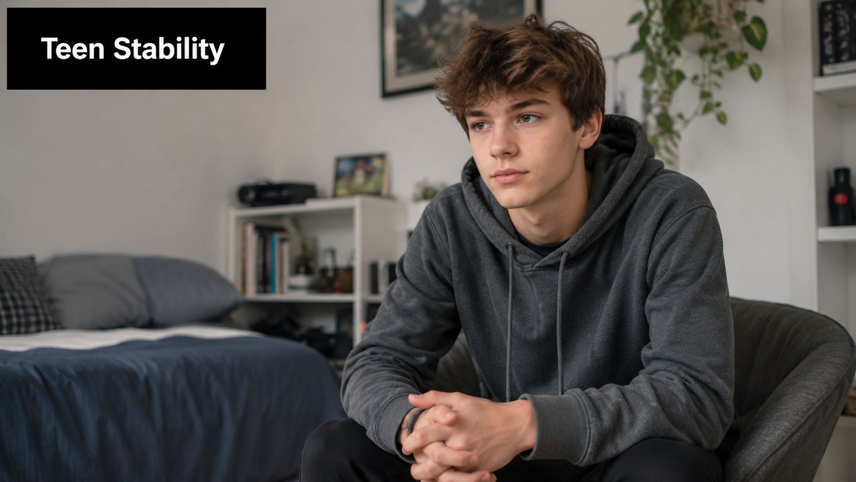 A teenage boy sitting in a chair looking contemplative in a bedroom with a bookshelf and bed.