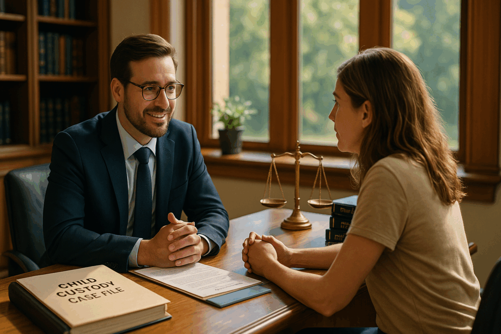 A consultation with a family law attorney, highlighting the importance of legal representation in custody cases.
