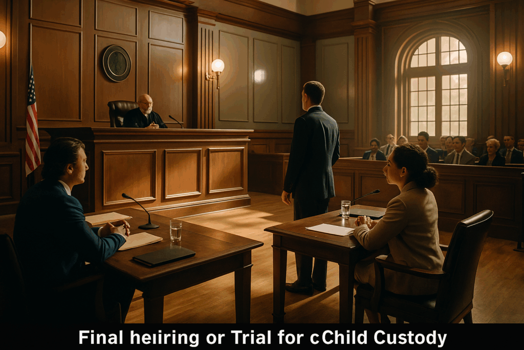 A final hearing or trial for a child custody case, emphasizing the courtroom setting.