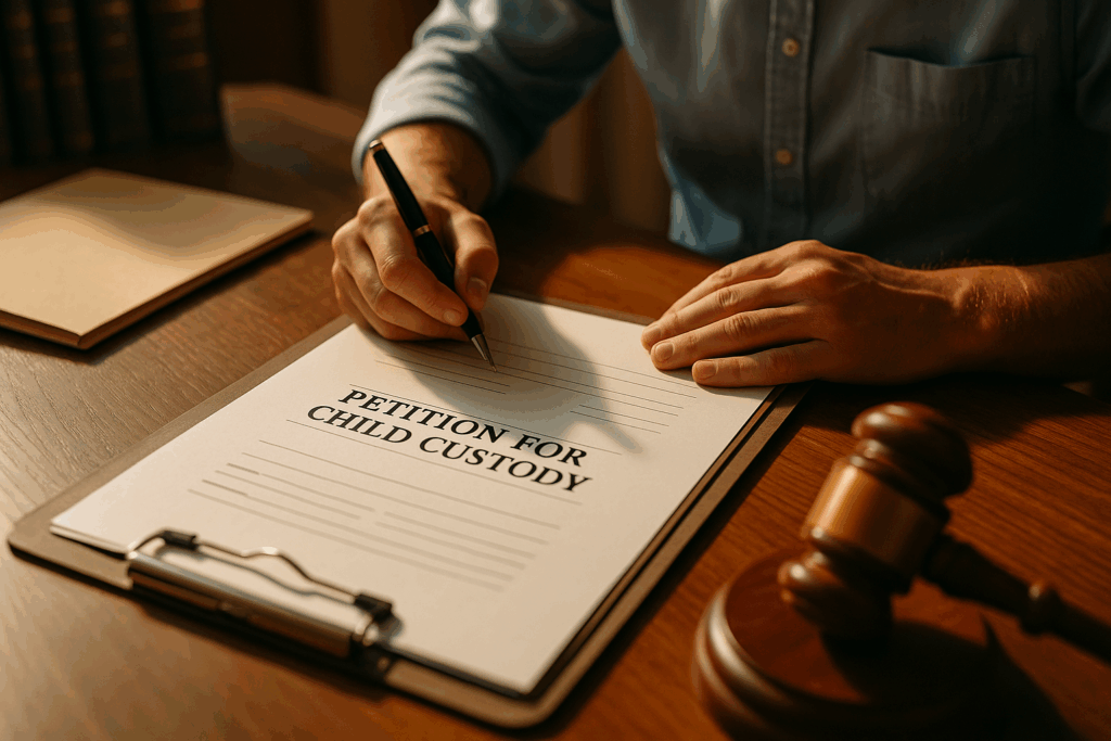 A person filing a petition for child custody, highlighting the legal process involved.