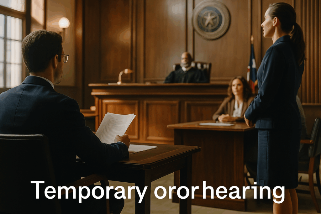 A temporary orders hearing in progress, showcasing the courtroom environment.