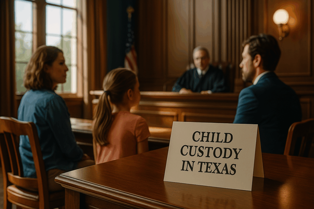 An overview of child custody in Texas, depicting a family court setting.