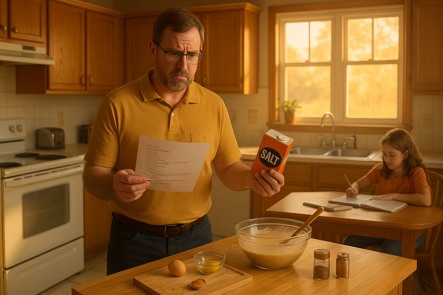 Man in a kitchen holding a recipe and a salt container, looking puzzled, with a bowl of batter and a girl studying in the background.