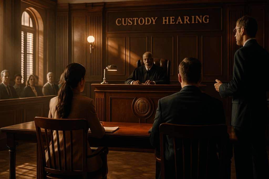 A courtroom where a custody hearing is taking place, emphasizing the legal authority involved.