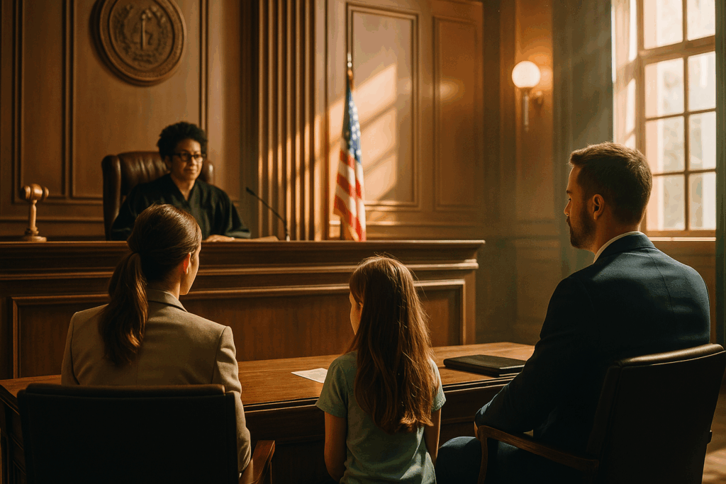 A family court setting with a judge overseeing a custody proceeding. Filing for custody in the correct Texas county