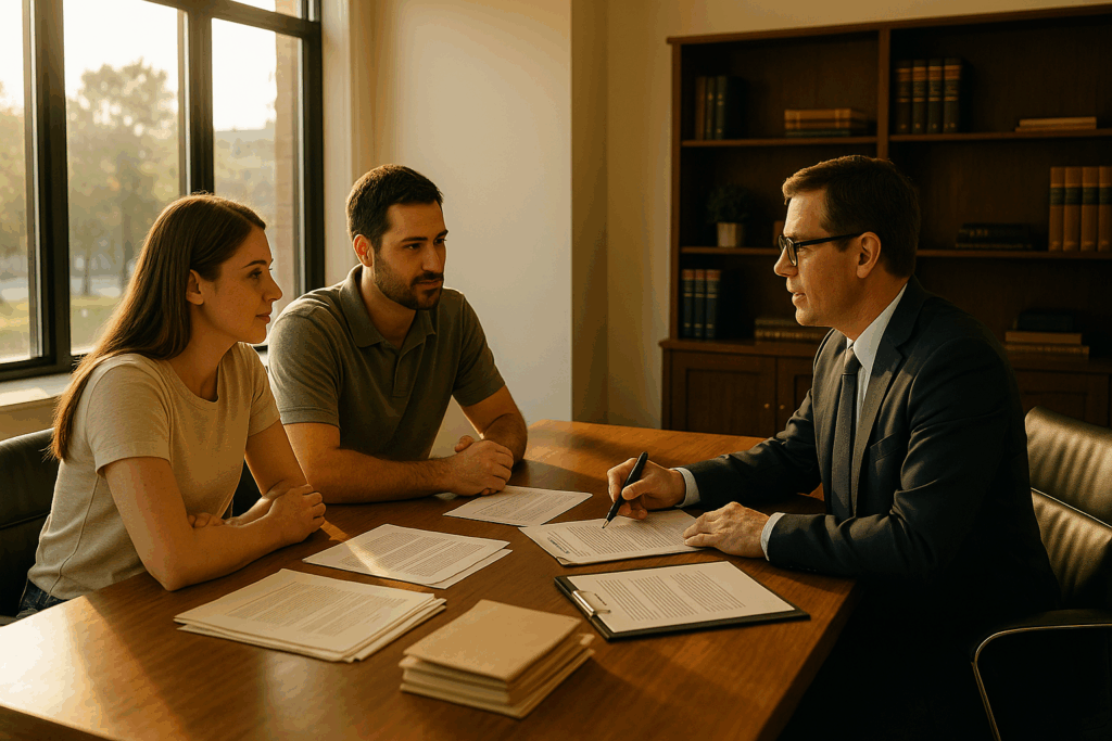 A family discussing their custody case with a lawyer, focusing on strengthening their case.