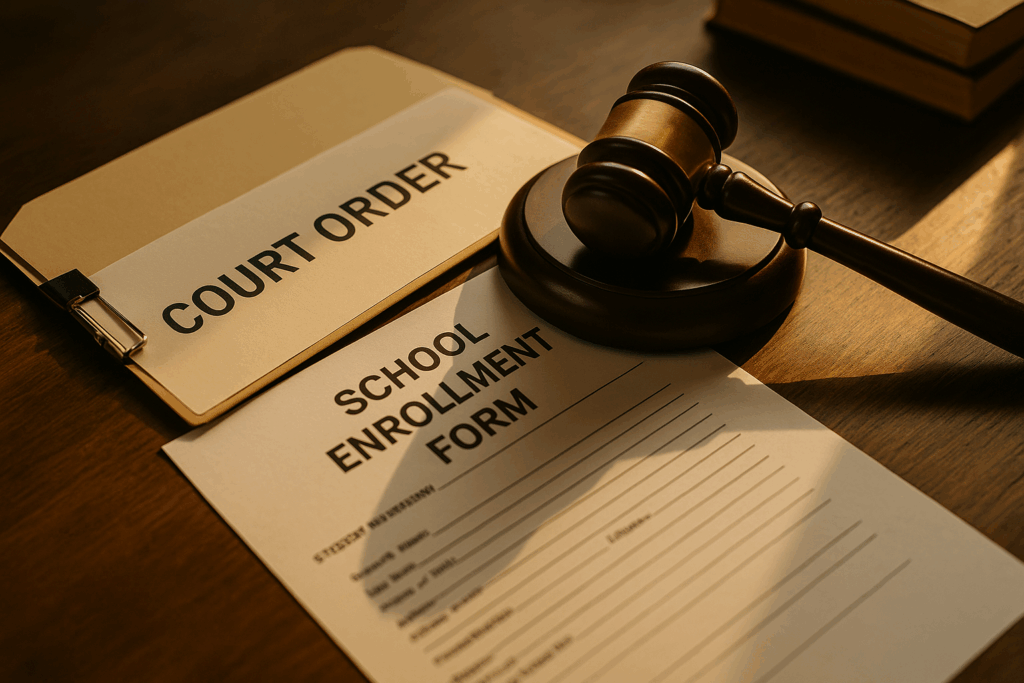 A gavel and school documents symbolizing court orders impacting educational decisions for children.