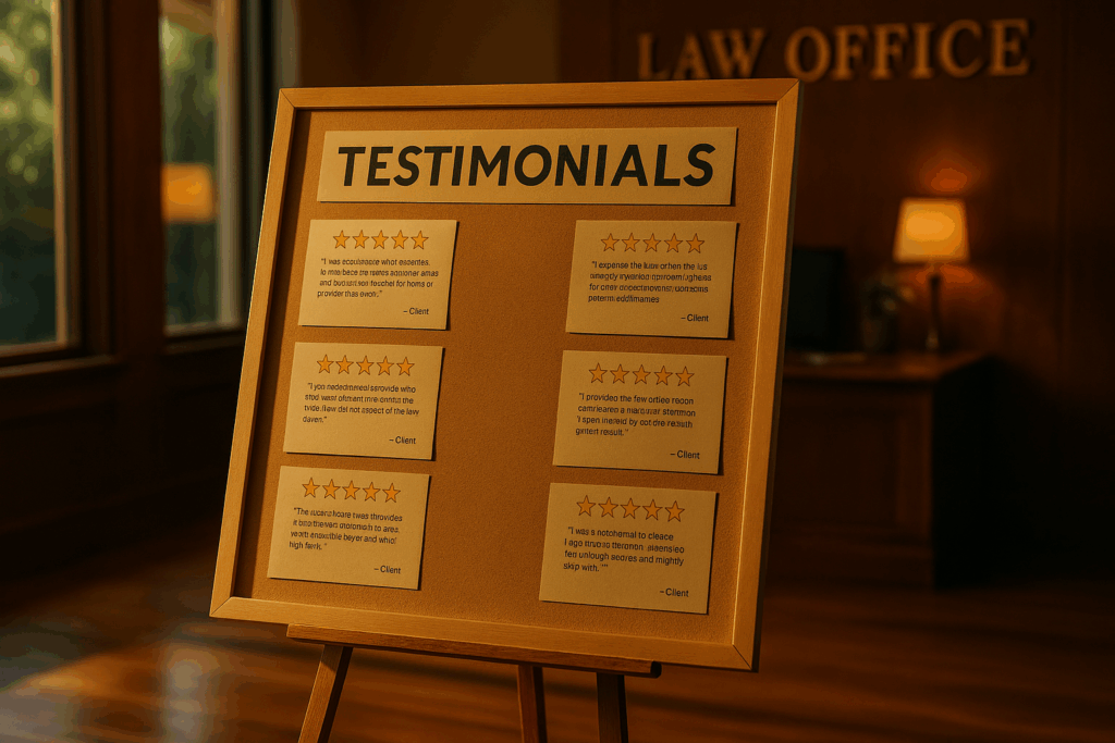 A testimonial board from a law office showcasing positive client experiences.