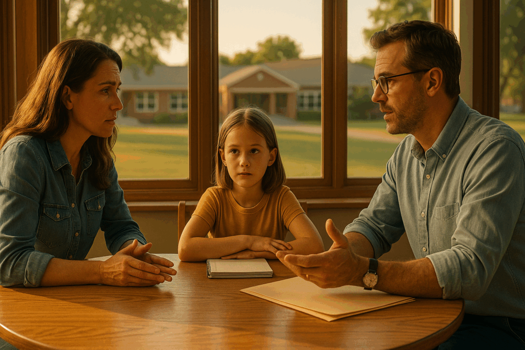 A visual representation of joint managing conservators discussing school choices for their child in Texas.