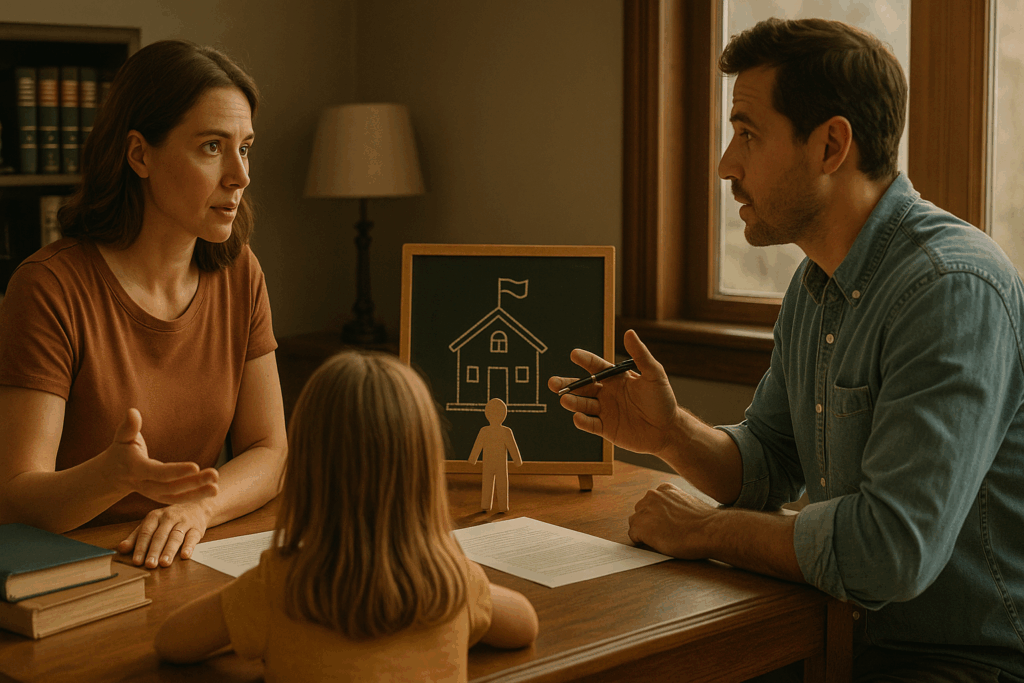 An illustration of a parent discussing educational decisions for their child, highlighting the importance of parental rights in choosing a child's school.