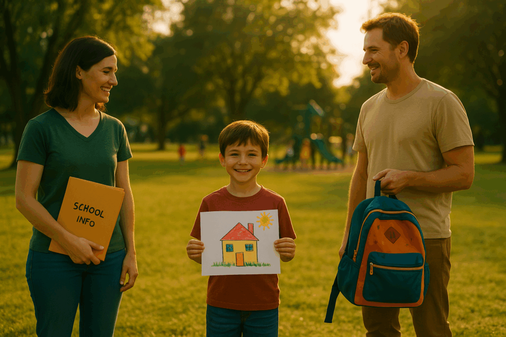 A young boy smiles proudly while holding a colorful drawing between his co-parents in a sunny Texas park. One parent carries a backpack, and the other holds a folder labeled “School Info,” visually capturing how joint custody works in Texas by illustrating shared parental responsibilities, educational involvement, and the emotional balance of cooperative co-parenting.