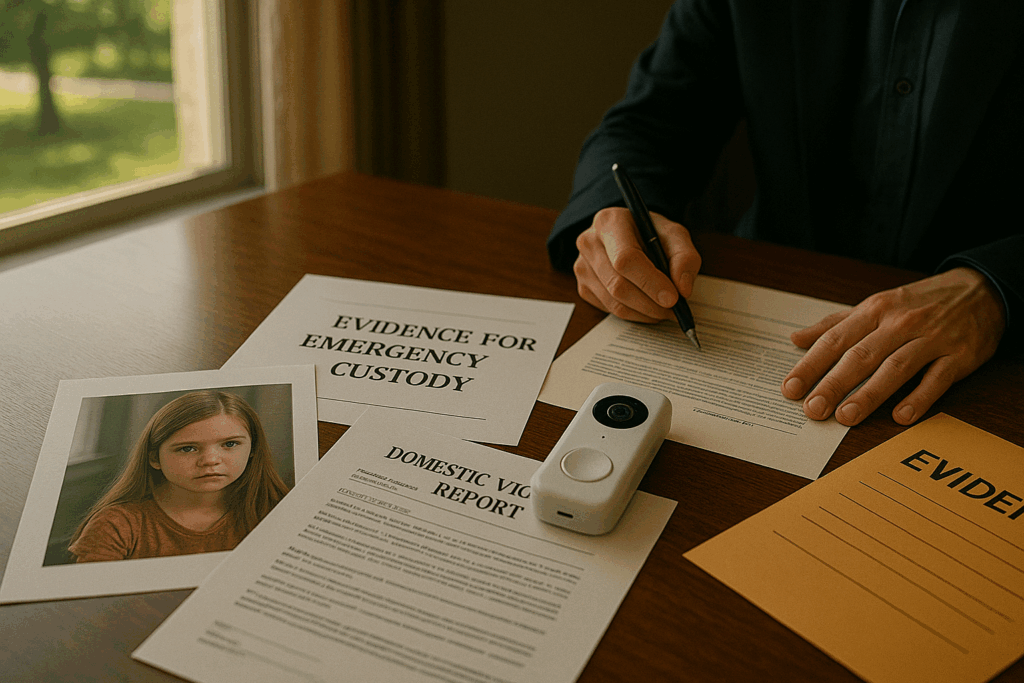 Evidence required for emergency custody, showcasing documents and legal evidence.