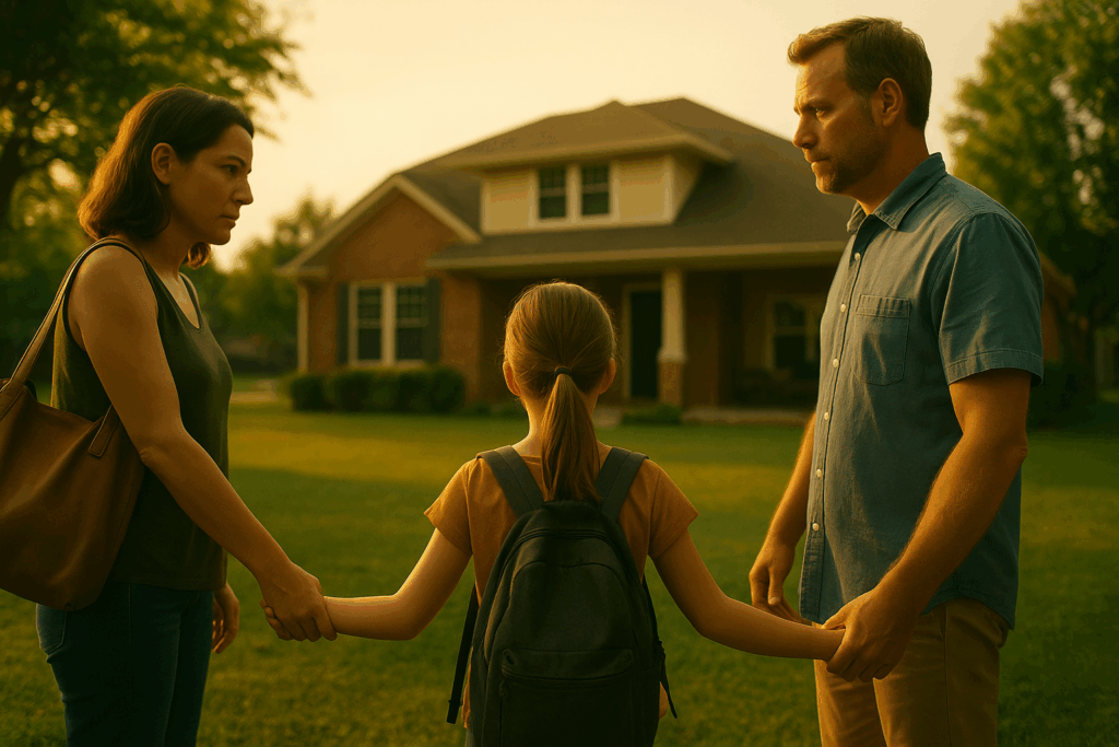 A young girl stands between her divorced parents outside a suburban Texas home, holding each of their hands as they prepare for a custody exchange at sunset—visually representing how joint custody works in Texas by showing the balance between emotional connection and shared parenting responsibilities.